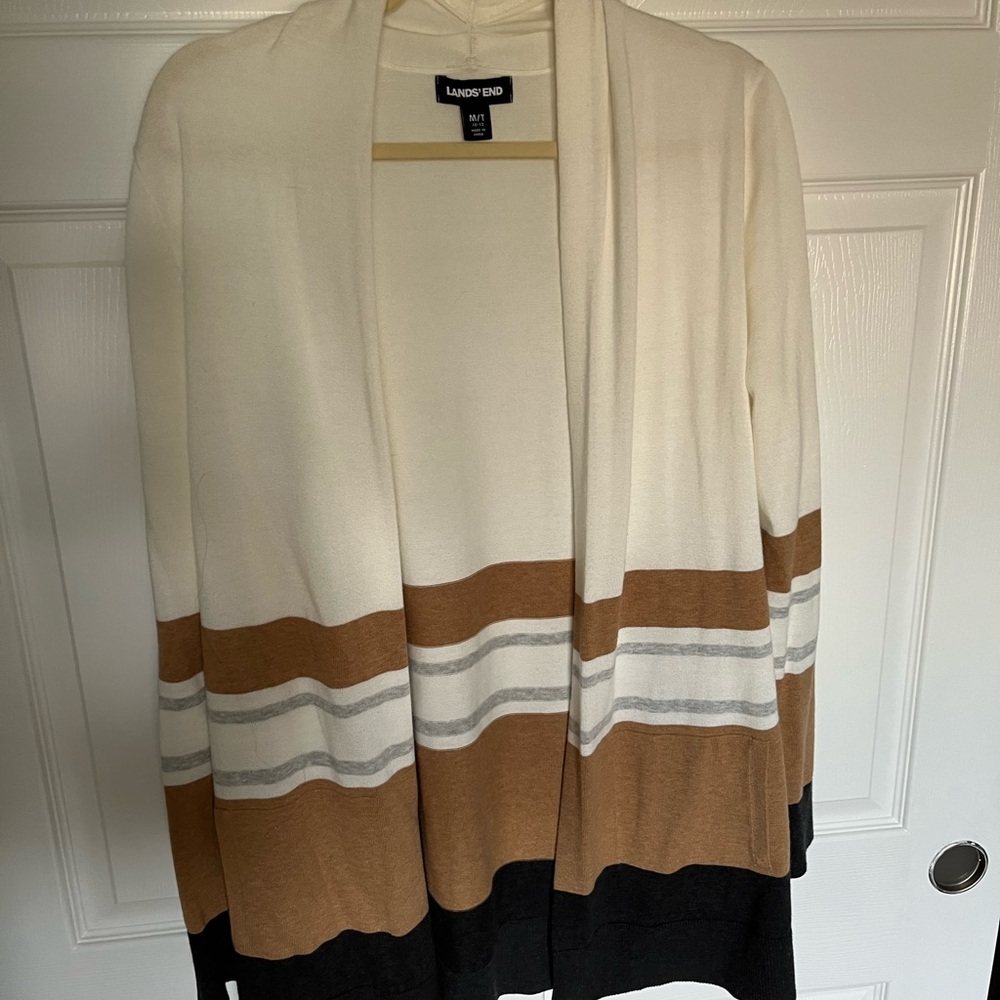 Lands' End Cream and Brown Cardigan Sweater with Stripes